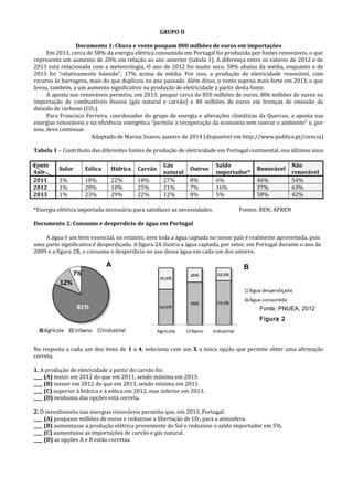 GRUPO II
Documento 1: Chuva e vento poupam 800 milhões de euros em importações
Em 2013, cerca de 58% da energia elétrica consumida em Portugal foi produzida por fontes renováveis, o que
representa um aumento de 20% em relação ao ano anterior (tabela 1). A diferença entre os valores de 2012 e de
2013 está relacionada com a meteorologia. O ano de 2012 foi muito seco, 58% abaixo da média, enquanto o de
2013 foi “relativamente húmido”, 17% acima da média. Por isso, a produção de eletricidade renovável, com
recurso às barragens, mais do que duplicou no ano passado. Além disso, o vento soprou mais forte em 2013, o que
levou, também, a um aumento significativo na produção de eletricidade a partir desta fonte.
A aposta nas renováveis permitiu, em 2013, poupar cerca de 850 milhões de euros, 806 milhões de euros na
importação de combustíveis fósseis (gás natural e carvão) e 40 milhões de euros em licenças de emissão de
dióxido de carbono (CO2).
Para Francisco Ferreira, coordenador do grupo de energia e alterações climáticas da Quercus, a aposta nas
energias renováveis e na eficiência energética “permite a recuperação da economia sem onerar o ambiente” e, por
isso, deve continuar.
Adaptado de Marisa Soares, janeiro de 2014 (disponível em http://www.publico.pt/ciencia)
Tabela 1 – Contributo das diferentes fontes de produção de eletricidade em Portugal continental, nos últimos anos
Fonte
Ano
Solar Eólica Hídrica Carvão
Gás
natural
Outros
Saldo
importador*
Renovável
Não
renovável
2011 1% 18% 22% 18% 27% 8% 6% 46% 54%
2012 1% 20% 10% 25% 21% 7% 16% 37% 63%
2013 1% 23% 29% 22% 12% 8% 5% 58% 42%
*Energia elétrica importada necessária para satisfazer as necessidades. Fontes: REN; APREN
Documento 2: Consumo e desperdício de água em Portugal
A água é um bem essencial, no entanto, nem toda a água captada no nosso país é realmente aproveitada, pois
uma parte significativa é desperdiçada. A figura 2A ilustra a água captada, por setor, em Portugal durante o ano de
2009 e a figura 2B, o consumo e desperdício no uso dessa água em cada um dos setores.
Na resposta a cada um dos itens de 1 a 4, seleciona com um X a única opção que permite obter uma afirmação
correta.
1. A produção de eletricidade a partir do carvão foi:
____ (A) maior em 2012 do que em 2011, sendo máxima em 2013.
____ (B) menor em 2012 do que em 2013, sendo mínima em 2011.
____ (C) superior à hídrica e à eólica em 2012, mas inferior em 2013.
____ (D) nenhuma das opções está correta.
2. O investimento nas energias renováveis permitiu que, em 2013, Portugal:
____ (A) poupasse milhões de euros e reduzisse a libertação de CO2 para a atmosfera.
____ (B) aumentasse a produção elétrica proveniente do Sol e reduzisse o saldo importador em 5%.
____ (C) aumentasse as importações de carvão e gás natural.
____ (D) as opções A e B estão corretas.
81%
12%
7%
A B
Fonte: PNUEA, 2012
Figura 2
 