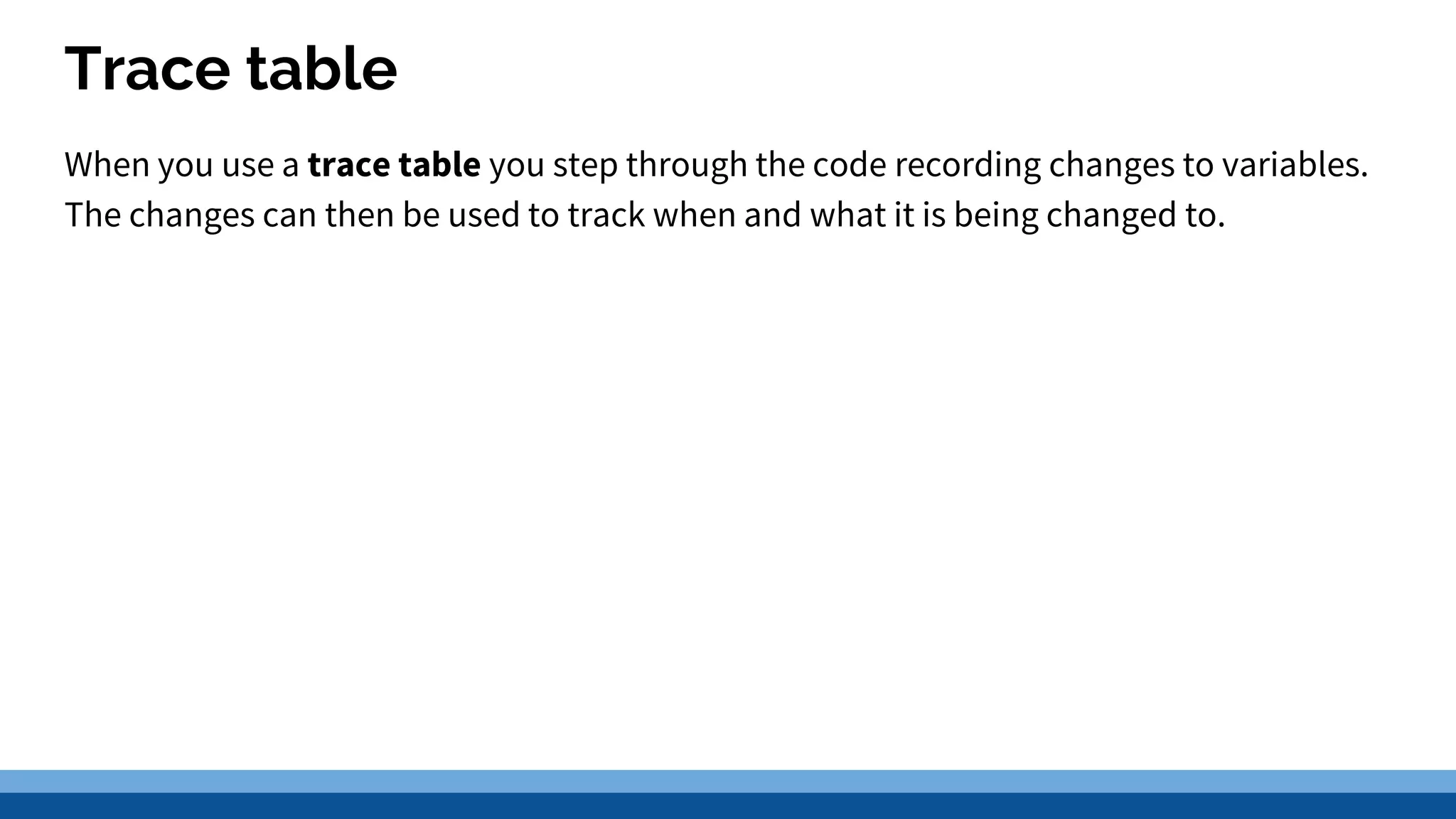 Trace table When you use a trace table you step through the code recording changes to variables. The changes can then be used to track when and what it is being changed to. 