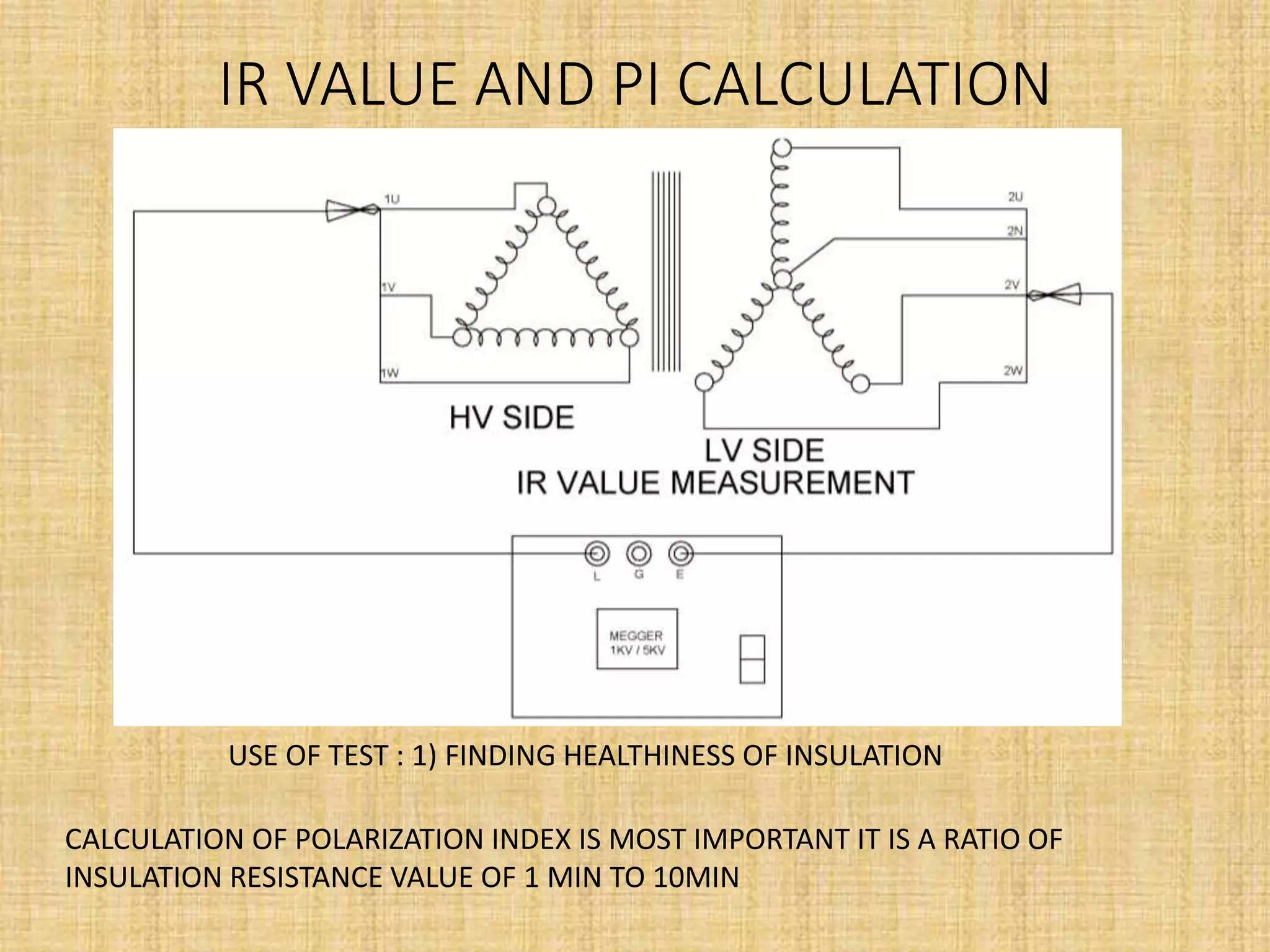 IR VALUE AND PI CALCULATION
USE OF TEST : 1) FINDING HEALTHINESS OF INSULATION
CALCULATION OF POLARIZATION INDEX IS MOST IMPORTANT IT IS A RATIO OF
INSULATION RESISTANCE VALUE OF 1 MIN TO 10MIN