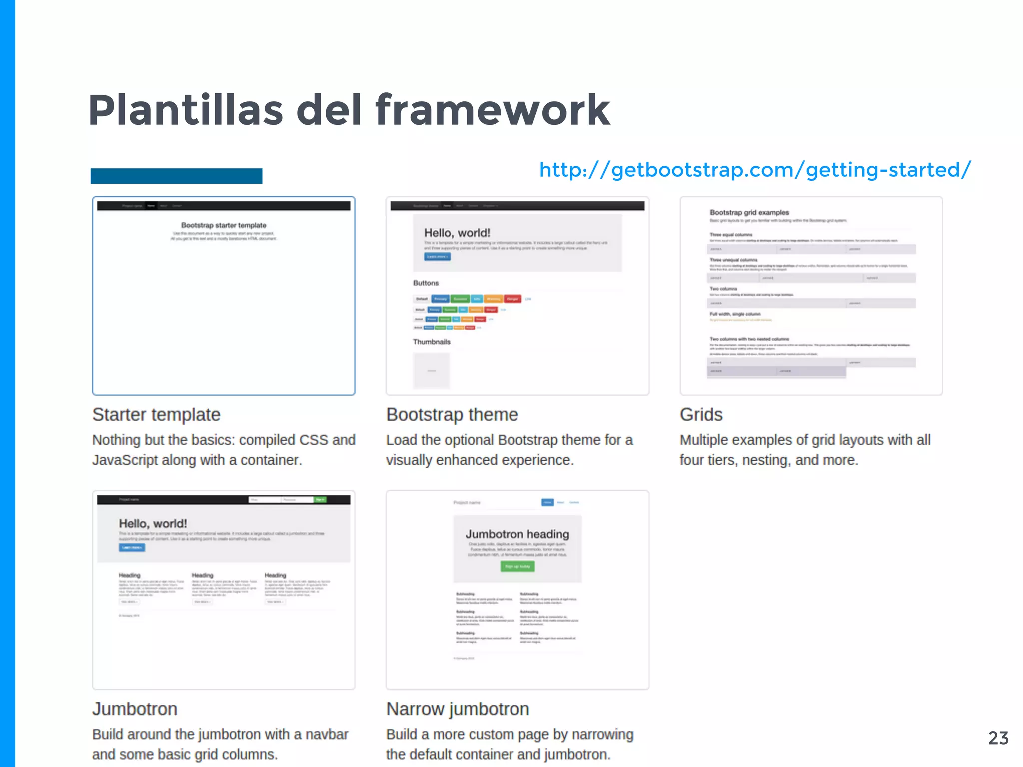 Plantillas del framework
23
http://getbootstrap.com/getting-started/
 