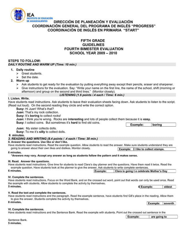 5th. grade guideline for activities teaching English in primary school