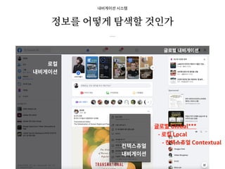 글로벌 내비게이션
로컬
내비게이션
컨텍스츄얼
내비게이션
내비게이션 시스템
정보를 어떻게 탐색할 것인가
/ 36
23
글로벌 Global***
- 로컬 Local
- 컨텍스츄얼 Contextual
 