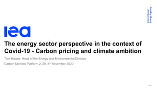Page 1
The energy sector perspective in the context of
Covid-19 - Carbon pricing and climate ambition
Tom Howes, Head of the Energy and Environmental Division
Carbon Markets Platform 2020, 4th November 2020
 