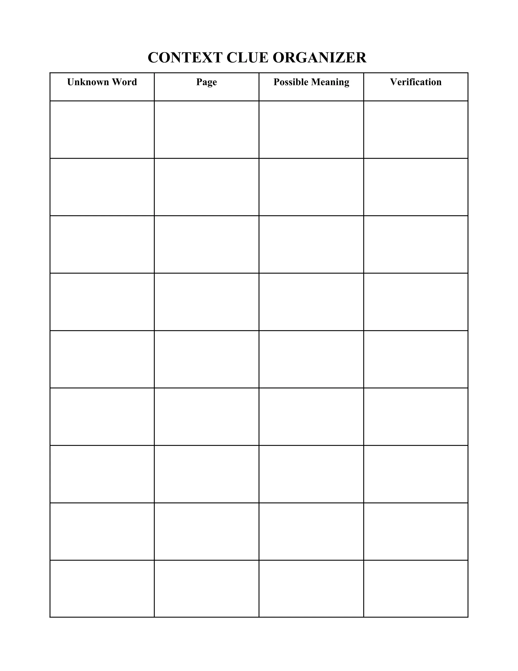 CONTEXT CLUE ORGANIZER
Unknown Word       Page    Possible Meaning   Verification
 