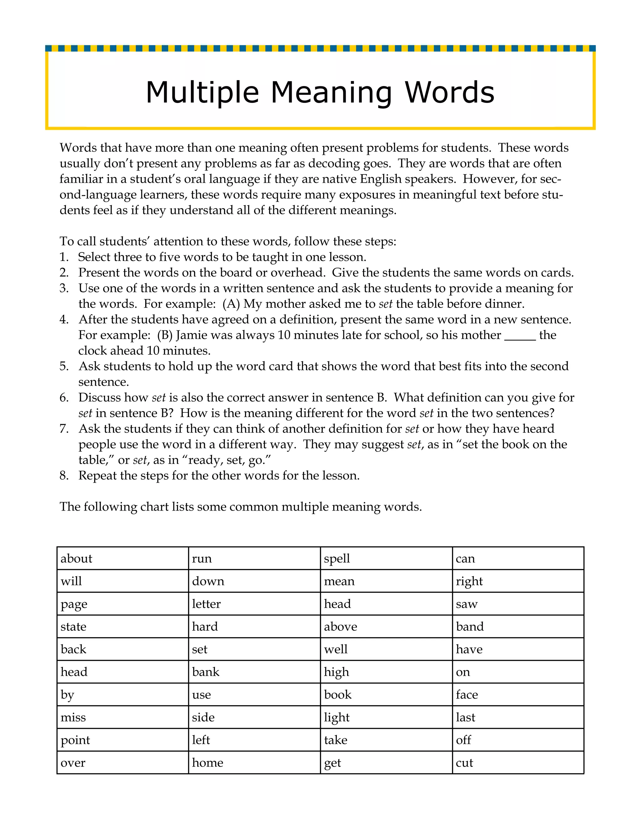 Multiple Meaning Words
Words that have more than one meaning often present problems for students. These words
usually don’t present any problems as far as decoding goes. They are words that are often
familiar in a student’s oral language if they are native English speakers. However, for sec-
ond-language learners, these words require many exposures in meaningful text before stu-
dents feel as if they understand all of the different meanings.

To call students’ attention to these words, follow these steps:
1. Select three to five words to be taught in one lesson.
2. Present the words on the board or overhead. Give the students the same words on cards.
3. Use one of the words in a written sentence and ask the students to provide a meaning for
   the words. For example: (A) My mother asked me to set the table before dinner.
4. After the students have agreed on a definition, present the same word in a new sentence.
   For example: (B) Jamie was always 10 minutes late for school, so his mother _____ the
   clock ahead 10 minutes.
5. Ask students to hold up the word card that shows the word that best fits into the second
   sentence.
6. Discuss how set is also the correct answer in sentence B. What definition can you give for
   set in sentence B? How is the meaning different for the word set in the two sentences?
7. Ask the students if they can think of another definition for set or how they have heard
   people use the word in a different way. They may suggest set, as in “set the book on the
   table,” or set, as in “ready, set, go.”
8. Repeat the steps for the other words for the lesson.

The following chart lists some common multiple meaning words.



about                  run                     spell                   can
will                   down                    mean                    right
page                   letter                  head                    saw
state                  hard                    above                   band
back                   set                     well                    have
head                   bank                    high                    on
by                     use                     book                    face
miss                   side                    light                   last
point                  left                    take                    off
over                   home                    get                     cut
 