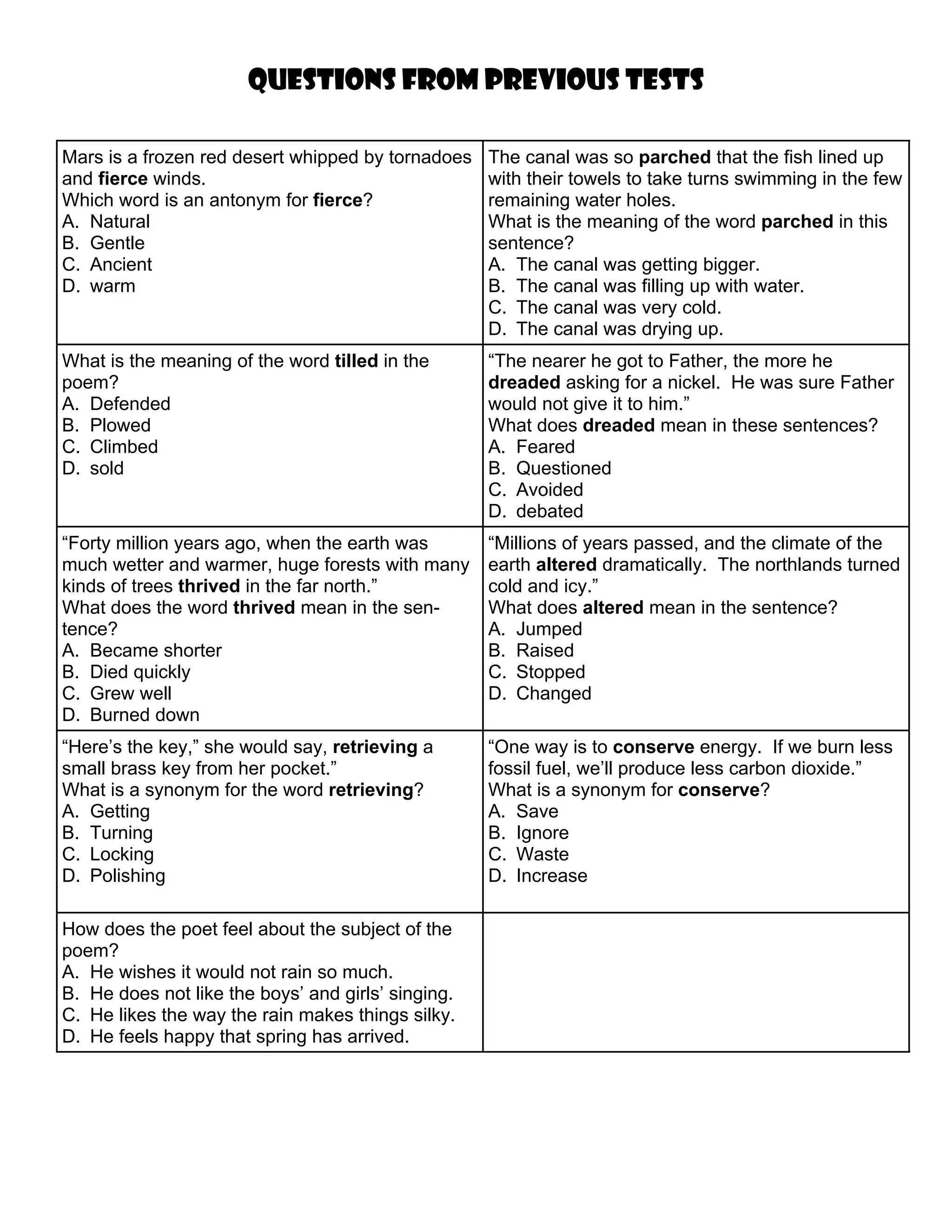 questions from previous tests

Mars is a frozen red desert whipped by tornadoes    The canal was so parched that the fish lined up
and fierce winds.                                   with their towels to take turns swimming in the few
Which word is an antonym for fierce?                remaining water holes.
A. Natural                                          What is the meaning of the word parched in this
B. Gentle                                           sentence?
C. Ancient                                          A. The canal was getting bigger.
D. warm                                             B. The canal was filling up with water.
                                                    C. The canal was very cold.
                                                    D. The canal was drying up.
What is the meaning of the word tilled in the       “The nearer he got to Father, the more he
poem?                                               dreaded asking for a nickel. He was sure Father
A. Defended                                         would not give it to him.”
B. Plowed                                           What does dreaded mean in these sentences?
C. Climbed                                          A. Feared
D. sold                                             B. Questioned
                                                    C. Avoided
                                                    D. debated
“Forty million years ago, when the earth was        “Millions of years passed, and the climate of the
much wetter and warmer, huge forests with many      earth altered dramatically. The northlands turned
kinds of trees thrived in the far north.”           cold and icy.”
What does the word thrived mean in the sen-         What does altered mean in the sentence?
tence?                                              A. Jumped
A. Became shorter                                   B. Raised
B. Died quickly                                     C. Stopped
C. Grew well                                        D. Changed
D. Burned down
“Here’s the key,” she would say, retrieving a       “One way is to conserve energy. If we burn less
small brass key from her pocket.”                   fossil fuel, we’ll produce less carbon dioxide.”
What is a synonym for the word retrieving?          What is a synonym for conserve?
A. Getting                                          A. Save
B. Turning                                          B. Ignore
C. Locking                                          C. Waste
D. Polishing                                        D. Increase

How does the poet feel about the subject of the
poem?
A. He wishes it would not rain so much.
B. He does not like the boys’ and girls’ singing.
C. He likes the way the rain makes things silky.
D. He feels happy that spring has arrived.
 