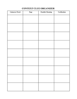 CONTEXT CLUE ORGANIZER
Unknown Word       Page    Possible Meaning   Verification
 