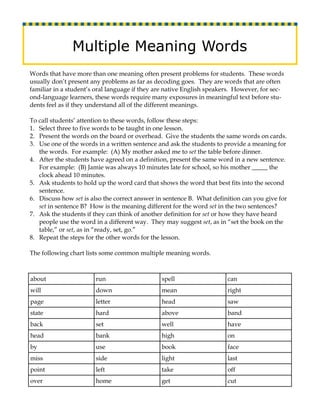 Multiple Meaning Words
Words that have more than one meaning often present problems for students. These words
usually don’t present any problems as far as decoding goes. They are words that are often
familiar in a student’s oral language if they are native English speakers. However, for sec-
ond-language learners, these words require many exposures in meaningful text before stu-
dents feel as if they understand all of the different meanings.

To call students’ attention to these words, follow these steps:
1. Select three to five words to be taught in one lesson.
2. Present the words on the board or overhead. Give the students the same words on cards.
3. Use one of the words in a written sentence and ask the students to provide a meaning for
   the words. For example: (A) My mother asked me to set the table before dinner.
4. After the students have agreed on a definition, present the same word in a new sentence.
   For example: (B) Jamie was always 10 minutes late for school, so his mother _____ the
   clock ahead 10 minutes.
5. Ask students to hold up the word card that shows the word that best fits into the second
   sentence.
6. Discuss how set is also the correct answer in sentence B. What definition can you give for
   set in sentence B? How is the meaning different for the word set in the two sentences?
7. Ask the students if they can think of another definition for set or how they have heard
   people use the word in a different way. They may suggest set, as in “set the book on the
   table,” or set, as in “ready, set, go.”
8. Repeat the steps for the other words for the lesson.

The following chart lists some common multiple meaning words.



about                  run                     spell                   can
will                   down                    mean                    right
page                   letter                  head                    saw
state                  hard                    above                   band
back                   set                     well                    have
head                   bank                    high                    on
by                     use                     book                    face
miss                   side                    light                   last
point                  left                    take                    off
over                   home                    get                     cut
 