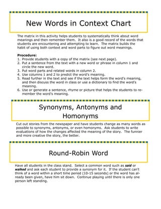 New Words in Context Chart
 The matrix in this activity helps students to systematically think about word
 meanings and then remember them. It also is a good record of the words that
 students are encountering and attempting to learn. The matrix builds the
 habit of using both context and word parts to figure out word meanings.

 Procedure:
 1. Provide students with a copy of the matrix (see next page).
 2. Put a sentence from the text with a new word or phrase in column 1 and
    circle the new word.
 3. Put word parts and related words in column 2.
 4. Use columns 1 and 2 to predict the word’s meaning.
 5. Read further in the text and see if the text helps form the word’s meaning,
    and then discuss the word in class or use a dictionary to find the word’s
    meaning.
 6. Use or generate a sentence, rhyme or picture that helps the students to re-
    member the word’s meaning.



              Synonyms, Antonyms and
                    Homonyms
Cut out stories from the newspaper and have students change as many words as
possible to synonyms, antonyms, or even homonyms. Ask students to write
evaluations of how the changes affected the meaning of the story. The funnier
and more creative the story, the better.




                     Round-Robin Word
Have all students in the class stand. Select a common word such as said or
walked and ask each student to provide a synonym for it. If the student can’t
think of a word within a short time period (10-15 seconds) or the word has al-
ready been given, have him sit down. Continue playing until there is only one
person left standing.
 