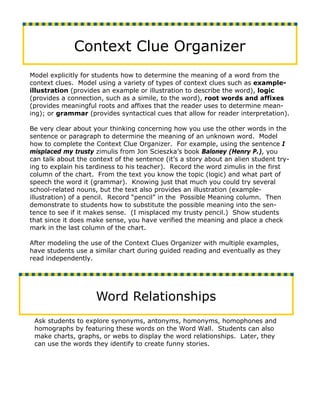 Context Clue Organizer
Model explicitly for students how to determine the meaning of a word from the
context clues. Model using a variety of types of context clues such as example-
illustration (provides an example or illustration to describe the word), logic
(provides a connection, such as a simile, to the word), root words and affixes
(provides meaningful roots and affixes that the reader uses to determine mean-
ing); or grammar (provides syntactical cues that allow for reader interpretation).

Be very clear about your thinking concerning how you use the other words in the
sentence or paragraph to determine the meaning of an unknown word. Model
how to complete the Context Clue Organizer. For example, using the sentence I
misplaced my trusty zimulis from Jon Scieszka’s book Baloney (Henry P.), you
can talk about the context of the sentence (it’s a story about an alien student try-
ing to explain his tardiness to his teacher). Record the word zimulis in the first
column of the chart. From the text you know the topic (logic) and what part of
speech the word it (grammar). Knowing just that much you could try several
school-related nouns, but the text also provides an illustration (example-
illustration) of a pencil. Record “pencil” in the Possible Meaning column. Then
demonstrate to students how to substitute the possible meaning into the sen-
tence to see if it makes sense. (I misplaced my trusty pencil.) Show students
that since it does make sense, you have verified the meaning and place a check
mark in the last column of the chart.

After modeling the use of the Context Clues Organizer with multiple examples,
have students use a similar chart during guided reading and eventually as they
read independently.




                     Word Relationships
 Ask students to explore synonyms, antonyms, homonyms, homophones and
 homographs by featuring these words on the Word Wall. Students can also
 make charts, graphs, or webs to display the word relationships. Later, they
 can use the words they identify to create funny stories.
 