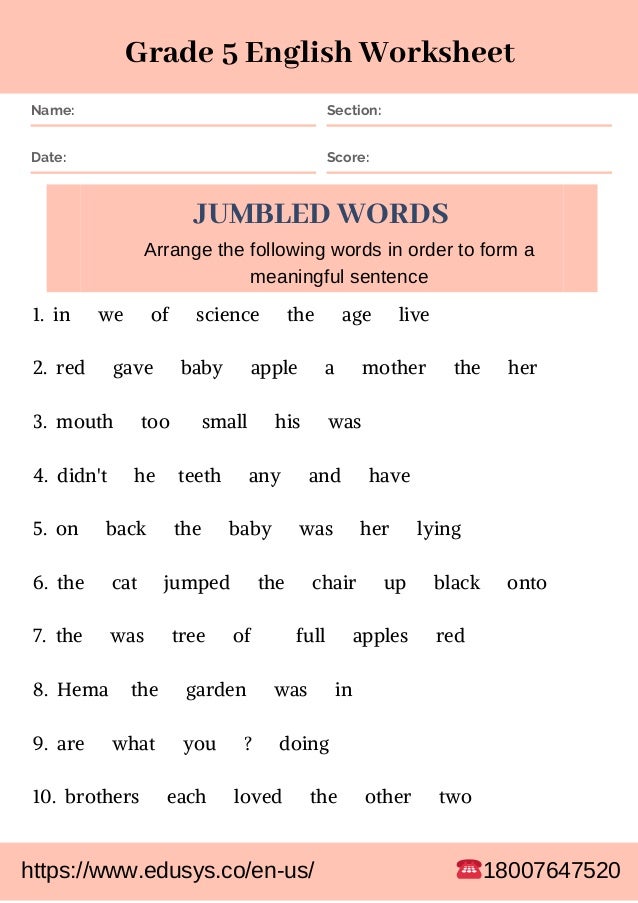 English Grammar Worksheet For 5th Grade Students