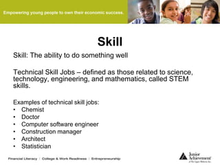 Skill
Skill: The ability to do something well
Technical Skill Jobs – defined as those related to science,
technology, engineering, and mathematics, called STEM
skills.
Examples of technical skill jobs:
• Chemist
• Doctor
• Computer software engineer
• Construction manager
• Architect
• Statistician
 