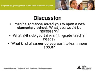 Discussion
• Imagine someone asked you to open a new
elementary school. What jobs would be
necessary?
• What skills do you think a fifth-grade teacher
needs?
• What kind of career do you want to learn more
about?
 
