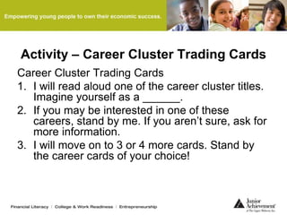 Activity – Career Cluster Trading Cards
Career Cluster Trading Cards
1. I will read aloud one of the career cluster titles.
Imagine yourself as a ______.
2. If you may be interested in one of these
careers, stand by me. If you aren’t sure, ask for
more information.
3. I will move on to 3 or 4 more cards. Stand by
the career cards of your choice!
 