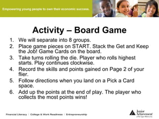 Activity – Board Game
1. We will separate into 8 groups.
2. Place game pieces on START. Stack the Get and Keep
the Job! Game Cards on the board.
3. Take turns rolling the die. Player who rolls highest
starts. Play continues clockwise.
4. Record the skills and points gained on Page 2 of your
flier.
5. Follow directions when you land on a Pick a Card
space.
6. Add up the points at the end of play. The player who
collects the most points wins!
 
