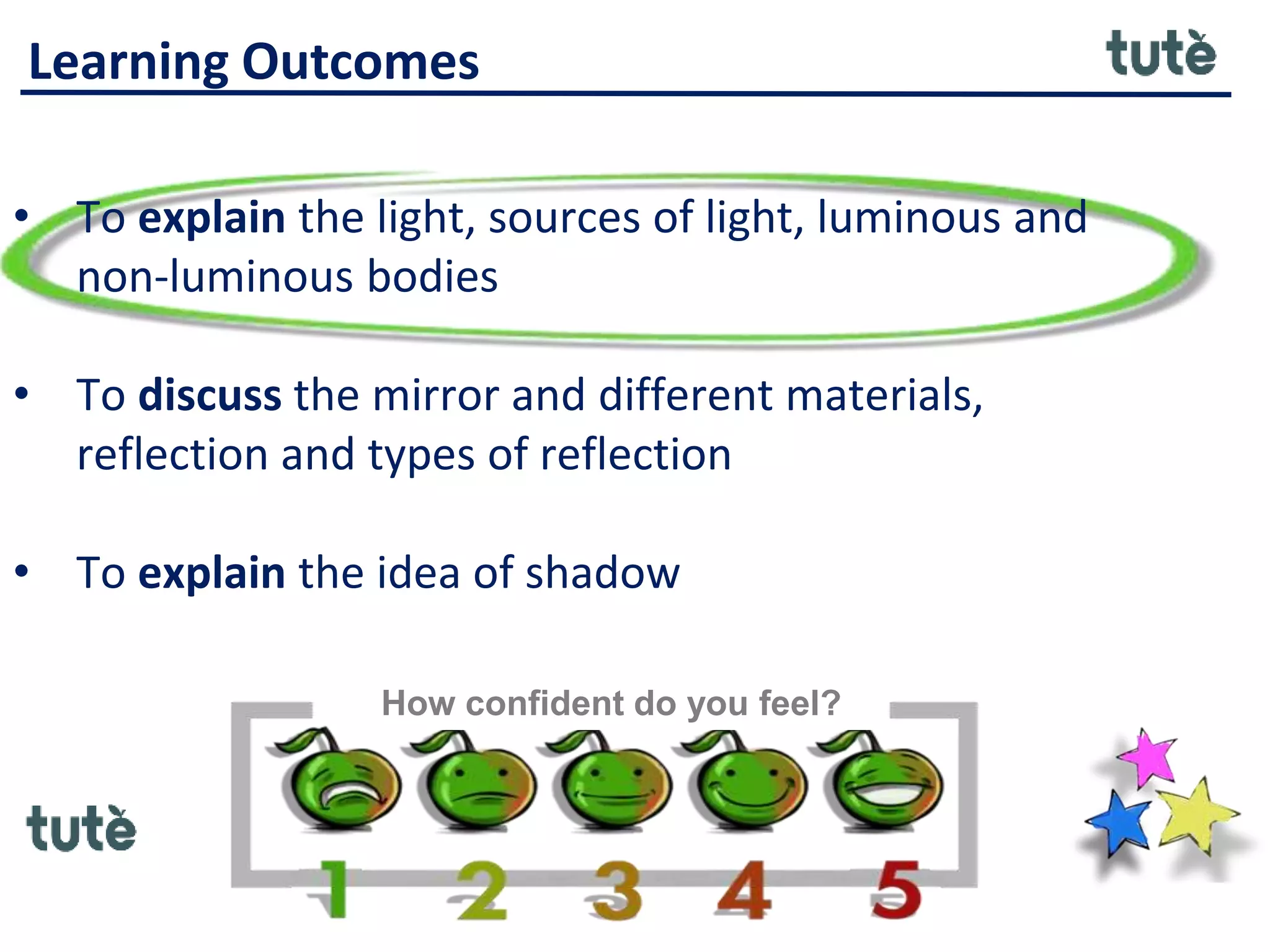 Learning Outcomes
• To explain the light, sources of light, luminous and
non-luminous bodies
• To discuss the mirror and different materials,
reflection and types of reflection
• To explain the idea of shadow
How confident do you feel?
 