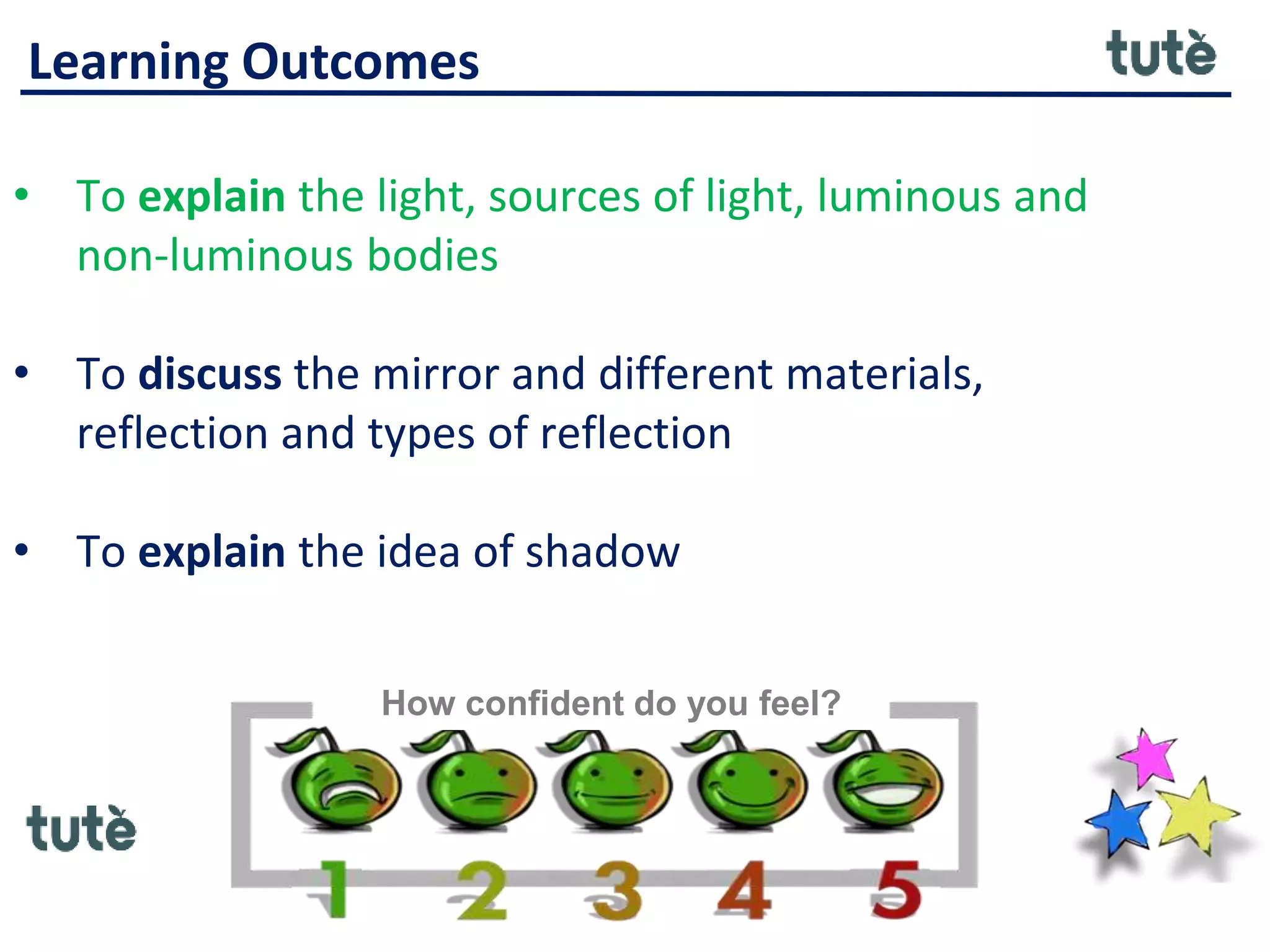 Learning Outcomes
• To explain the light, sources of light, luminous and
non-luminous bodies
• To discuss the mirror and different materials,
reflection and types of reflection
• To explain the idea of shadow
How confident do you feel?
 