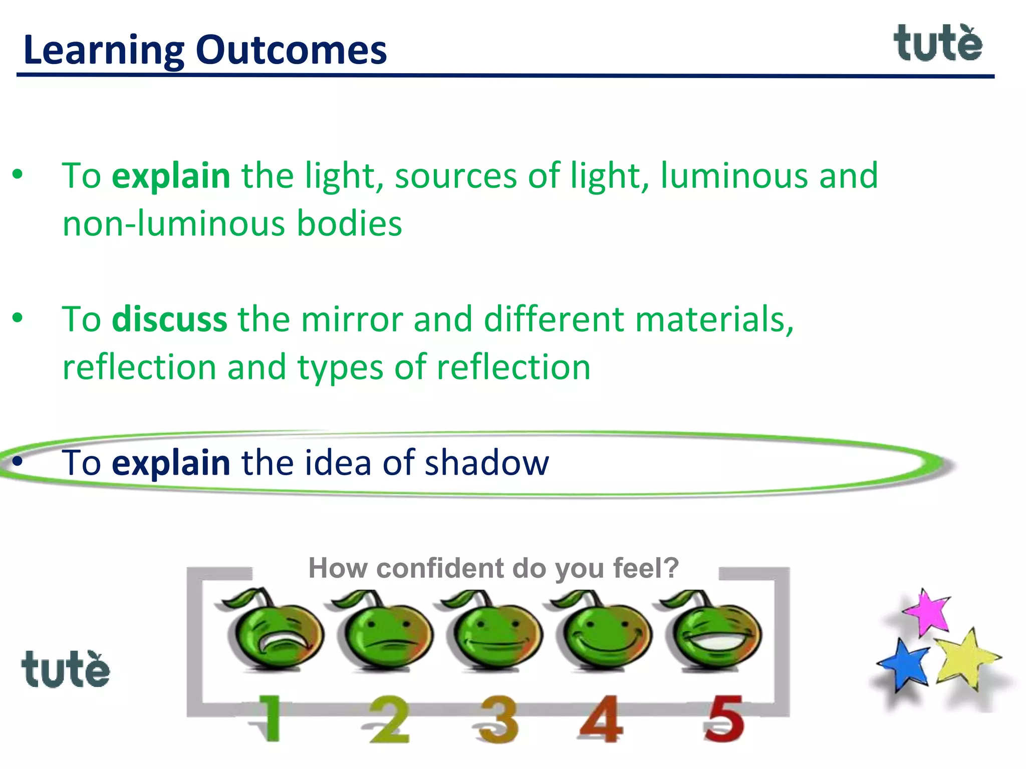 Learning Outcomes
• To explain the light, sources of light, luminous and
non-luminous bodies
• To discuss the mirror and different materials,
reflection and types of reflection
• To explain the idea of shadow
How confident do you feel?
 