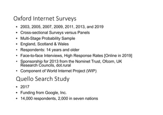 Oxford Internet Surveys
• 2003, 2005, 2007, 2009, 2011, 2013, and 2019
• Cross-sectional Surveys versus Panels
• Multi-Stage Probability Sample
• England, Scotland & Wales
• Respondents: 14 years and older
• Face-to-face Interviews, High Response Rates [Online in 2019]
• Sponsorship for 2013 from the Nominet Trust, Ofcom, UK
Research Councils, dot.rural
• Component of World Internet Project (WIP)
Quello Search Study
• 2017
• Funding from Google, Inc.
• 14,000 respondents, 2,000 in seven nations
 