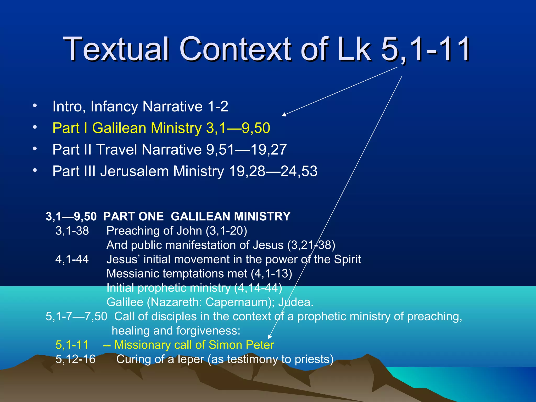 Textual Context of Lk 5,1-11Textual Context of Lk 5,1-11
• Intro, Infancy Narrative 1-2
• Part I Galilean Ministry 3,1—9,50
• Part II Travel Narrative 9,51—19,27
• Part III Jerusalem Ministry 19,28—24,53
3,1—9,50 PART ONE GALILEAN MINISTRY
3,1-38 Preaching of John (3,1-20)
And public manifestation of Jesus (3,21-38)
4,1-44 Jesus’ initial movement in the power of the Spirit
Messianic temptations met (4,1-13)
Initial prophetic ministry (4,14-44)
Galilee (Nazareth: Capernaum); Judea.
5,1-7—7,50 Call of disciples in the context of a prophetic ministry of preaching,
healing and forgiveness:
5,1-11 -- Missionary call of Simon Peter
5,12-16 Curing of a leper (as testimony to priests)
 