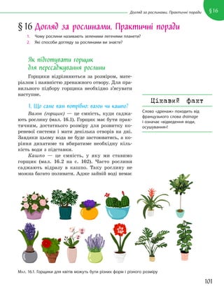 101
§16
Догляд за рослинами. Практичні поради
Як підготувати горщик
для пересаджування рослини
Горщики відрізняються за розміром, мате-
ріалом і наявністю дренажного отвору. Для пра-
вильного підбору горщика необхідно з’ясувати
наступне.
1. Що саме вам потрібно: вазон чи кашпо?
Вазон (горщик) — це ємність, куди саджа-
ють рослину (мал. 16.1). Горщик має бути прак-
тичним, достатнього розміру для розвитку ко-
реневої системи і мати декілька отворів на дні.
Завдяки цьому вода не буде застоюватись, а ко-
ріння дихатиме та вбиратиме необхідну кіль-
кість води з підставки.
Кашпо — це ємність, у яку ми ставимо
горщик (мал. 16.2 на с. 102). Часто рослини
саджають відразу в кашпо. Таку рослину не
можна багато поливати. Адже зайвій воді немає
§16 Догляд за рослинами. Практичні поради
1. Чому рослини називають зеленими легенями планети?
2. Які способи догляду за рослинами ви знаєте?
МАЛ. 16.1. Горщики для квітів можуть бути різних форм і різного розміру
Цікавий факт
Слово «дренаж» походить від
французького слова drainage
і означає «відведення води,
осушування»!
 