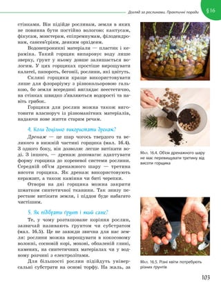 103
§16
Догляд за рослинами. Практичні поради
стінками. Він підійде рослинам, земля в яких
не повинна бути постійно вологою: кактусам,
фікусам, монстерам, епіпремнумам, філодендро-
нам, сансев’єріям, деяким орхідеям.
Водонепроникні матеріали — пластик і ке-
раміка. Такий горщик випаровує воду лише
зверху, ґрунт у ньому довше залишається во-
логим. У цих горщиках простіше вирощувати
калатеї, папороть, бегонії, рослини, які цвітуть.
Скляні горщики краще використовувати
лише для флораріуму з різнокольоровою галь-
кою, бо земля всередині виглядає неестетично,
на стінках швидко з’являються водорості та на-
віть грибок.
Горщики для рослин можна також виго-
товити власноруч із різноманітних матеріалів,
надаючи нове життя старим речам.
4. Коли доцільно використати дренаж?
Дренаж — це шар чогось твердого та ве-
ликого в нижній частині горщика (мал. 16.4).
З одного боку, він дозволяє легше витікати во-
ді. З іншого, — дренаж допомагає адаптувати
форму горщика до кореневої системи рослини.
Середній об’єм дренажного шару — третина
висоти горщика. Як дренаж використовують
керамзит, а також каміння чи биті черепки.
Отвори на дні горщика можна закрити
шматком синтетичної тканини. Так знизу пе-
рестане витікати земля, і піддон буде набагато
чистішим.
5. Як підібрати ґрунт і який саме?
Те, у чому розташоване коріння рослин,
зазвичай називають ґрунтом чи субстратом
(мал. 16.5). Це не завжди звична для нас зем-
ля: рослини можна вирощувати в кокосовому
волокні, сосновій корі, мохові, обпаленій глині,
каменях, на синтетичних матеріалах чи у вод-
ному розчині з електролітами.
Для більшості рослин підійдуть універ-
сальні субстрати на основі торфу. На жаль, за
МАЛ. 16.4. Об’єм дренажного шару
не має перевищувати третину від
висоти горщика
МАЛ. 16.5. Різні квіти потребують
різних ґрунтів
 