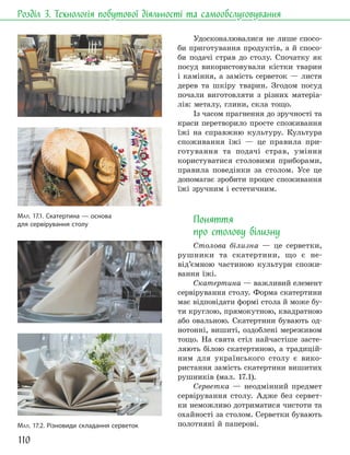 110
Розділ 3. Технологія побутової діяльності та самообслуговування
Удосконалювалися не лише спосо-
би приготування продуктів, а й спосо-
би подачі страв до столу. Спочатку як
посуд використовували кістки тварин
і каміння, а замість серветок — листя
дерев та шкіру тварин. Згодом посуд
почали виготовляти з різних матеріа-
лів: металу, глини, скла тощо.
Із часом прагнення до зручності та
краси перетворило просте споживання
їжі на справжню культуру. Культура
споживання їжі — це правила при-
готування та подачі страв, уміння
користуватися столовими приборами,
правила поведінки за столом. Усе це
допомагає зробити процес споживання
їжі зручним і естетичним.
Поняття
про столову білизну
Столова білизна — це серветки,
рушники та скатертини, що є не-
від’ємною частиною культури спожи-
вання їжі.
Скатертина — важливий елемент
сервірування столу. Форма скатертини
має відповідати формі стола й може бу-
ти круглою, прямокутною, квадратною
або овальною. Скатертини бувають од-
нотонні, вишиті, оздоблені мереживом
тощо. На свята стіл найчастіше засте-
ляють білою скатертиною, а традицій-
ним для українського столу є вико-
ристання замість скатертини вишитих
рушників (мал. 17.1).
Серветка — неодмінний предмет
сервірування столу. Адже без сервет-
ки неможливо дотриматися чистоти та
охайності за столом. Серветки бувають
полотняні й паперові.
МАЛ. 17.1. Скатертина — основа
для сервірування столу
МАЛ. 17.2. Різновиди складання серветок
 