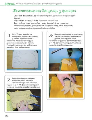 122
Додатки. Проєктно-технологічна діяльність. Приклади творчих проєктів
Виготовлення дощечки з фанери
Основна технологія: технологія обробки деревинних матеріалів (ДВП,
фанера).
Додаткова технологія: технологія випалювання.
Для роботи вам знадобляться: фанера 5–8 мм; столик для
випилювання; лобзик; дриль; пилочки; наждачний папір різної жорсткості;
папір; копіювальний папір; простий олівець; лінійка.
1 Розробіть на папері ескіз
майбутньої дощечки, наприклад,
у вигляді чудового ананаса.
Перенесіть малюнок на фанеру за
допомогою копіювального паперу.
Розміщуйте малюнок так, щоб залишки
матеріалу були мінімальними.
2 Вирізайте деталь дощечки по
контурних лініях лобзиком.
Технологію вирізання лобзиком
подано на с. 41–44. Дотримуйтеся правил
безпечної праці під час роботи з лобзиком.
3 Позначте на дошці місце для отвору.
Закріпіть дощечку струбциною та
дрилем просвердліть отвір.
Технологію свердління дрилем подано на
с. 44–46. Дотримуйтеся правил безпечної
праці під час роботи з дрилем.
 