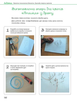 140
Додатки. Проєктно-технологічна діяльність. Приклади творчих проєктів
Виготовлення опори для квітів
«Пташка» із дроту
Основна технологія: технологія обробки дроту.
Для роботи вам знадобляться: дріт, фанера; папір; цвяхи; молоток;
плоскогубці; олівець.
1 Розробіть на папері малюнок
майбутнього виробу та позначте
точки для вбивання цвяхів.
3 Накладіть малюнок на фанеру та
вбийте цвяхи в позначені точки.
2 Якщо дріт має ізоляцію, то потрібно
її зняти. Вирівняйте дріт
(за потреби).
4 Закріпіть дріт у центрі малюнка (на
крилі пташки).
 