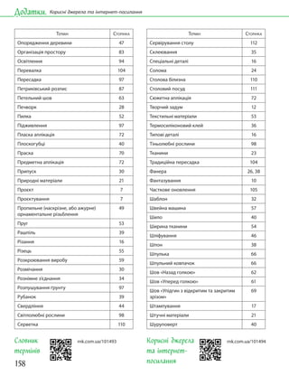 158
Додатки. Корисні джерела та інтернет-посилання
Корисні джерела
та інтернет-
посилання
ТЕРМІН СТОРІНКА
Опорядження деревини 47
Організація простору 83
Освітлення 94
Перевалка 104
Пересадка 97
Петриківський розпис 87
Петельний шов 63
Печворк 28
Пилка 52
Підживлення 97
Пласка аплікація 72
Плоскогубці 40
Праска 70
Предметна аплікація 72
Припуск 30
Природні матеріали 21
Проєкт 7
Проєктування 7
Пропильне (наскрізне, або ажурне)
орнаментальне різьблення
49
Пруг 53
Рашпіль 39
Різання 16
Різець 55
Розкроювання виробу 59
Розмічання 30
Рознімне з’єднання 34
Розпушування ґрунту 97
Рубанок 39
Свердління 44
Світлолюбні рослини 98
Серветка 110
ТЕРМІН СТОРІНКА
Сервірування столу 112
Склеювання 35
Спеціальні деталі 16
Солома 24
Столова білизна 110
Столовий посуд 111
Сюжетна аплікація 72
Творчий задум 12
Текстильні матеріали 53
Термосиліконовий клей 36
Типові деталі 16
Тіньолюбні рослини 98
Тканини 23
Традиційна пересадка 104
Фанера 26, 38
Фантазування 10
Часткове оновлення 105
Шаблон 32
Швейна машина 57
Шило 40
Ширина тканини 54
Шліфування 46
Шпон 38
Шпулька 66
Шпульний ковпачок 66
Шов «Назад голкою» 62
Шов «Уперед голкою» 61
Шов «Упідгин з відкритим та закритим
зрізом»
69
Штампування 17
Штучні матеріали 21
Шуруповерт 40
rnk.com.ua/101493 rnk.com.ua/101494
Словник
термінів
 