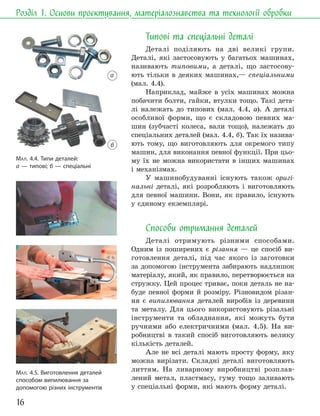 16
Розділ 1. Основи проєктування, матеріалознавства та технології обробки
МАЛ. 4.4. Типи деталей:
а — типові; б — спеціальні
МАЛ. 4.5. Виготовлення деталей
способом випилювання за
допомогою різних інструментів
Типові та спеціальні деталі
Деталі поділяють на дві великі групи.
Деталі, які застосовують у багатьох машинах,
називають типовими, а деталі, що застосову-
ють тільки в деяких машинах,— спеціальними
(мал. 4.4).
Наприклад, майже в усіх машинах можна
побачити болти, гайки, втулки тощо. Такі дета-
лі належать до типових (мал. 4.4, а). А деталі
особливої форми, що є складовою певних ма-
шин (зубчасті колеса, вали тощо), належать до
спеціальних деталей (мал. 4.4, б). Так їх назива-
ють тому, що виготовляють для окремого типу
машин, для виконання певної функції. При цьо-
му їх не можна використати в інших машинах
і механізмах.
У машинобудуванні існують також оригі-
нальні деталі, які розробляють і виготовляють
для певної машини. Вони, як правило, існують
у єдиному екземплярі.
Способи отримання деталей
Деталі отримують різними способами.
Одним із поширених є різання — це спосіб ви-
готовлення деталі, під час якого із заготовки
за допомогою інструмента забирають надлишок
матеріалу, який, як правило, перетворюється на
стружку. Цей процес триває, поки деталь не на-
буде певної форми й розміру. Різновидом різан-
ня є випилювання деталей виробів із деревини
та металу. Для цього використовують різальні
інструменти та обладнання, які можуть бути
ручними або електричними (мал. 4.5). На ви-
робництві в такий спосіб виготовляють велику
кількість деталей.
Але не всі деталі мають просту форму, яку
можна вирізати. Складні деталі виготовляють
литтям. На ливарному виробництві розплав-
лений метал, пластмасу, гуму тощо заливають
у спеціальні форми, які мають форму деталі.
а
б
 