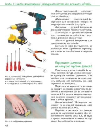 40
Розділ 1. Основи проєктування, матеріалознавства та технології обробки
Дриль електричний — електрич-
ний інструмент для свердління отворів
різного діаметра.
Шуруповерт — електричний ін-
струмент для свердління отворів та
закручування гвинтів і шурупів.
Викрутка — ручний інструмент
для закручування гвинтів та шурупів.
Плоскогубці — ручний інструмент
для утримування деталі під час сверд-
ління, рівняння цвяхів тощо.
Шило — ручний інструмент для
проколювання матеріалів.
Існують й інші інструменти, за
допомогою яких обробляють деревину,
але з ними ви ознайомитеся в старших
класах.
Перенесення малюнка
на поверхню деревини (фанери)
Розмічання простих виробів (у ви-
гляді простих фігур) можна виконува-
ти одразу на поверхні деревини. Але
частіше для розмічання використову-
ють шаблони або малюнки, які слід
перенести на поверхню.
Перед тим як переносити малюнок
на фанеру, необхідно визначити її ли-
цьовий і виворітний бік та зачистити
лицьовий бік уздовж волокон наждач-
ним папером: спочатку крупнозернис-
тим, а потім дрібним.
Запам’ятайте! Шліфувати де-
ревину та деревинні матеріали слід
уздовж волокон (мал. 9.3).
Перенести малюнок на фанеру
можна за допомогою кальки або ко-
піювального паперу (мал. 9.4, а). Щоб
у процесі перенесення малюнок не зсу-
вався, його фіксують кнопками.
МАЛ. 9.3. Шліфування деревини
МАЛ. 9.2 (ЗАКІНЧЕННЯ). Інструменти для обробки
деревинних матеріалів:
к — дриль електричний; л — шуруповерт;
м — викрутки; н — плоскогубці; о — шило
к
л
н
о
м
 