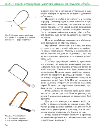 42
Розділ 1. Основи проєктування, матеріалознавства та технології обробки
широке полотно з крупними зубчиками, а для
тонкої фанери — вузеньке полотно з дрібними
зубчиками.
Пилочку в лобзик вставляють у такому
порядку. Спочатку один кінець пилочки міцно
закріплюють у нижньому затискачеві за допо-
могою гвинта. Потім інший кінець вставляють
у верхній затискач і також затягують гвинтом.
Натяг пилочки забезпечує кращу роботу лобзи-
ка: пилочка буде точно проходити по контуру
малюнка.
Пропил необхідно виконувати з мінімаль-
ним припуском на обробку деталі.
Працюють лобзиком на спеціальному
столику-підставці, який кріплять до робочо-
го стола струбциною. Фанеру з нанесеним на
неї малюнком кладуть на підставку і, щоб во-
на не сповзала, притримують вільною рукою
(мал. 9.7).
У робочу руку беруть лобзик і, приставив-
ши пилочку до фанери, починають пиляти.
Пиляють так, щоб пилочка рухалася точно по
лінії контура. Пилочка має бути розташована
вертикально. Вільною рукою необхідно притри-
мувати та повертати фанеру, а робочою — руха-
ти пилку вгору-вниз, намагаючись занадто не
натискати на неї (мал. 9.8). Під час пиляння на
лінії малюнка збирається невелика кількість
тирси. Її необхідно періодично прибирати, щоб
бачити контур малюнка.
Рухи лобзика не повинні бути дуже різки-
ми та сильними для запобігання розриву пи-
лочки й утворення задирок на зворотному боці
пропилу.
Для різкого повороту малюнка необхідно
зробити кілька пропилів на одному місці, обер-
таючи фанеру навколо пилки. Так утворюється
невеличке розширення пропилу, після чого
пилку можна повернути під іншим кутом.
Якщо пилку необхідно вийняти з пропилу,
це виконують рухами, що імітують пиляння, але
у зворотному напрямку.
1
2
3
4
МАЛ. 9.5. Будова ручного лобзика:
1 — рамка; 2 — ручка; 3 — нижній
затискач; 4 — верхній затискач
МАЛ. 9.6. Ручний лобзик:
а — із пласкою рамкою;
б — із трубчастою рамкою
а
б
 