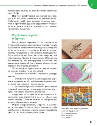 47
§9
Технологія обробки деревини та деревинних матеріалів (ДВП, фанера)
наждачного паперу по всій поверхні заготовки
(мал. 9.14).
Під час шліфування дерев’яної поверхні
рухи мають бути плавними та рівномірними.
Найкраще шліфувати вздовж волокон, чергу-
ючи з круговими рухами. Правильно обробле-
на наждачним папером деревина стає гладкою
і приємною на дотик.
Опорядження виробів
із деревини
Опорядження деревини — це створення на
її поверхні захисно-декоративного покриття для
поліпшення зовнішнього вигляду й захисту від
дії навколишнього середовища (повітря, вологи,
світла, забруднень і механічних пошкоджень).
Захисний шар має бути достатньо твердим, але
еластичним, рівним і гладеньким (блискучим
або матовим). Усі лакофарбові матеріали, що
утворюють захисний шар, мають міцно зчіплю-
ватися з поверхнею деревини.
Технологічний процес опорядження дереви-
ни можна розділити на три стадії:
• підготовка поверхні деревини (шліфу-
вання);
• створення покриття (фарбування дере-
вини природними або аніліновими барвниками,
а також протравами і морилками);
• облагороджування поверхні (лакування
поверхні тоненькою прозорою плівкою лаку,
крізь яку видно текстуру деревини).
Фарбувати та лакувати можна пензликом,
валиком, розпилювачем і навіть губкою для
миття посуду. Головна вимога — покрити по-
верхню рівномірним шаром.
Окрім опорядження, вироби з дереви-
ни можна оздоблювати. Існує багато способів
оздоблення з використанням різних матеріалів
(мал. 9.15). Розгляньмо деякі з них.
47
МАЛ. 9.15. Різні види оздоблення
виробів із деревини:
а — випалювання;
б — декупаж;
в — розпис
а
б
в
 