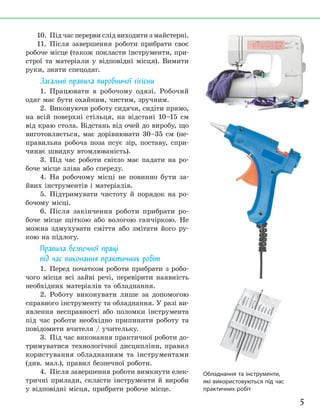 5
10. Під час перерви слід виходити з майстерні.
11. Після завершення роботи прибрати своє
робоче місце (також покласти інструменти, при-
строї та матеріали у відповідні місця). Вимити
руки, зняти спецодяг.
Загальні правила виробничої гігієни
1. Працювати в робочому одязі. Робочий
одяг має бути охайним, чистим, зручним.
2. Виконуючи роботу сидячи, сидіти прямо,
на всій поверхні стільця, на відстані 10–15 см
від краю стола. Відстань від очей до виробу, що
виготовляється, має дорівнювати 30–35 см (не-
правильна робоча поза псує зір, поставу, спри-
чиняє швидку втомлюваність).
3. Під час роботи світло має падати на ро-
боче місце зліва або спереду.
4. На робочому місці не повинно бути за-
йвих інструментів і матеріалів.
5. Підтримувати чистоту й порядок на ро-
бочому місці.
6. Після закінчення роботи прибрати ро-
боче місце щіткою або вологою ганчіркою. Не
можна здмухувати сміття або змітати його ру-
кою на підлогу.
Правила безпечної праці
під час виконання практичних робіт
1. Перед початком роботи прибрати з робо-
чого місця всі зайві речі, перевірити наявність
необхідних матеріалів та обладнання.
2. Роботу виконувати лише за допомогою
справного інструменту та обладнання. У разі ви-
явлення несправності або поломки інструмента
під час роботи необхідно припинити роботу та
повідомити вчителя / учительку.
3. Під час виконання практичної роботи до-
тримуватися технологічної дисципліни, правил
користування обладнанням та інструментами
(див. мал.), правил безпечної роботи.
4. Після завершення роботи вимкнути елек-
тричні прилади, скласти інструменти й вироби
у відповідні місця, прибрати робоче місце.
Обладнання та інструменти,
які використовуються під час
практичних робіт
 