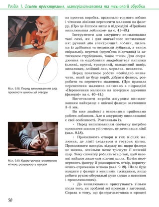 50
Розділ 1. Основи проєктування, матеріалознавства та технології обробки
на простих виробах, правильно тримати лобзик
і чіткими лініями переносити малюнок на фане-
ру. (Про це йшлося вище в підрозділі «Прийоми
випилювання лобзиком» на с. 41–43.)
Інструменти для ажурного випилювання
такі самі, як і для звичайного випилюван-
ня: ручний або електричний лобзик, пилоч-
ки (з дрібними та великими зубцями, а також
спіральні), верстак (дерев’яна підставка) із за-
тискачем-струбциною, тонке шило. Для опоря-
дження та оздоблення знадобляться напилки
(плоскі, круглі, тригранні), наждачний папір,
випалювач, олійний лак, морилка, пензлики.
Перед початком роботи необхідно визна-
чити, який це буде виріб, дібрати фанеру, роз-
робити та перенести малюнок. (Про правила
перенесення малюнка написано в підрозділі
«Перенесення малюнка на поверхню деревини
(фанери)» на с. 40–41.)
Виготовляти вироби ажурним випилю-
ванням найкраще з якісної фанери завтовшки
3–5 мм.
Ви вже знайомі з основними прийомами
роботи лобзиком. Але в ажурному випилюванні
є свої особливості. Розгляньмо їх.
• Перед випилюванням спочатку потрібно
проколоти шилом усі отвори, не зачепивши лінії
(мал. 9.18).
• Проколюють отвори в тих місцях ма-
люнка, де лінії сходяться в гострих кутах.
Проколювати наскрізь відразу всі шари фанери
не можна, оскільки може тріснути її нижній
шар. Тому спочатку роблять отвір так, щоб назо-
вні вийшов лише сам кінчик шила. Потім пере-
вертають фанеру й розширюють отвір, користу-
ючись отриманою міткою (мал. 9.19). Шило буде
входити у фанеру з меншими зусиллями, якщо
робити рукою обертальні рухи (дещо з натиском
і проколюванням).
• До випилювання приступають тільки
після того, як зроблені всі проколи в заготовці.
Справа в тому, що фанера-заготовка в процесі
МАЛ. 9.18. Перед випилюванням слід
проколоти шилом усі отвори
МАЛ. 9.19. Користуючись отриманою
міткою, розширюють отвори
 