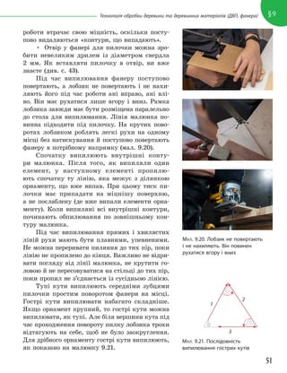 51
§9
Технологія обробки деревини та деревинних матеріалів (ДВП, фанера)
роботи втрачає свою міцність, оскільки посту-
пово видаляються «контури, що випадають».
• Отвір у фанері для пилочки можна зро-
бити невеликим дрилем із діаметром свердла
2 мм. Як вставляти пилочку в отвір, ви вже
знаєте (див. с. 43).
Під час випилювання фанеру поступово
повертають, а лобзик не повертають і не нахи-
ляють його під час роботи ані вправо, ані влі-
во. Він має рухатися лише вгору і вниз. Рамка
лобзика завжди має бути розміщена паралельно
до стола для випилювання. Лінія малюнка по-
винна підходити під пилочку. На крутих пово-
ротах лобзиком роблять легкі рухи на одному
місці без натискування й поступово повертають
фанеру в потрібному напрямку (мал. 9.20).
Спочатку випилюють внутрішні конту-
ри малюнка. Після того, як випиляли один
елемент, у наступному елементі пропилю-
ють спочатку ту лінію, яка межує з ділянкою
орнаменту, що вже випав. При цьому тиск пи-
лочки має припадати на міцнішу поверхню,
а не послаблену (де вже випали елементи орна-
менту). Коли випиляні всі внутрішні контури,
починають обпилювання по зовнішньому кон-
туру малюнка.
Під час випилювання прямих і хвилястих
ліній рухи мають бути плавними, упевненими.
Не можна переривати пиляння до тих пір, поки
лінію не пропилено до кінця. Важливо не відри-
вати погляду від лінії малюнка, не крутити го-
ловою й не пересовуватися на стільці до тих пір,
поки пропил не з’єднається із сусідньою лінією.
Тупі кути випилюють середніми зубцями
пилочки простим поворотом фанери на місці.
Гострі кути випилювати набагато складніше.
Якщо орнамент крупний, то гострі кути можна
випилювати, як тупі. Але біля вершини кута під
час проходження повороту пилку лобзика трохи
відтягують на себе, щоб не було заокруглення.
Для дрібного орнаменту гострі кути випилюють,
як показано на малюнку 9.21.
1
2
3
МАЛ. 9.21. Послідовність
випилювання гострих кутів
МАЛ. 9.20. Лобзик не повертають
і не нахиляють. Він повинен
рухатися вгору і вниз
 