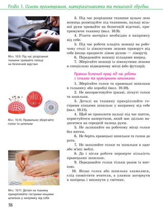 58
Розділ 1. Основи проєктування, матеріалознавства та технології обробки
3. Під час розрізання тканини вузьке лезо
ножиць розміщуйте під тканиною, пальці віль-
ної руки тримайте на безпечній відстані, при-
тримуючи тканину (мал. 10.9).
4. Різати матеріал необхідно в напрямку
від себе.
5. Під час роботи кладіть ножиці на робо-
чому столі із зімкнутими лезами праворуч від
себе (якщо працюєте лівою рукою — ліворуч).
6. Передавайте ножиці кільцями вперед.
7. Зберігайте ножиці із зімкнутими лезами
в спеціально відведеному місці (або футлярі).
Правила безпечної праці під час роботи
з голками та кравецькими шпильками
1. Зберігайте голки та кравецькі шпильки
в гольнику або коробці (мал. 10.10).
2. Не використовуйте іржаві, зігнуті голки
та шпильки.
3. Деталі на тканину прикріплюйте го-
стрими кінцями шпильок у напрямку від себе
(мал. 10.11).
4. Щоб не проколоти пальці під час шиття,
користуйтеся наперстком, який має щільно на-
дягатися на середній палець руки.
5. Не залишайте на робочому місці голки
без нитки.
6. Не беріть кравецькі шпильки та голки до
рота.
7. Не заколюйте голки та шпильки в одяг
або м’які меблі.
8. До і після роботи перевірте кількість
кравецьких шпильок.
9. Передавайте голки тільки разом із нит-
кою.
10. Якщо голка або шпилька зламалися,
слід сповістити вчителя, а уламки загорнути
в папірець і викинути у смітник.
МАЛ. 10.9. Під час розрізання
тканини тримайте пальці
на безпечній відстані
МАЛ. 10.11. Деталі на тканину
прикріплюйте гострими кінцями
шпильок у напрямку від себе
МАЛ. 10.10. Правильно зберігайте
голки та шпильки
 