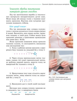 61
§10
Технологія обробки текстильних матеріалів
Технологія обробки текстильних
матеріалів ручним способом
Під час виготовлення виробів із текстиль-
них матеріалів використовують ручні шви.
Місце входу або виходу голки з тканини нази-
вають проколом. Відстань між сусідніми про-
колами називають стібком.
Шов «уперед голкою»
Під час виконання шва «уперед голкою»
голка з ниткою рухаються тільки вперед (звідси
й назва). Виконують шов справа наліво, трима-
ючи тканину в лівій руці. Стібки мають бути
однакової довжини з однаковими проміжками
між ними (мал. 10.15).
Якщо крапками позначити місця проколів
тканини голкою, то послідовність виконання
шва виглядатиме так:
1. Голку з робочою ниткою виколоти з виво-
рітного боку тканини на лицьовий бік у точці 1:
1
2. Через кілька вертикальних ниток тка-
нини, уздовж тієї самої горизонтальної нитки,
де зроблено перший прокол, вивести голку на
виворітний бік тканини в точці 2:
1
2
3. Пропустивши таку саму кількість верти-
кальних ниток, знову вивести голку на лицьо-
вий бік у точці 3.
1
2
3
5 4
6
4. Виконувати далі в такій самій послідов-
ності.
Виглядає шов «уперед голкою» однаково як
із лицьового, так і з виворітного боків:
Лицьовий бік Виворітний бік
МАЛ. 10.15. Застосування шва
«уперед голкою» для зметування
деталей
 