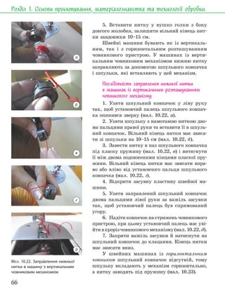 66
Розділ 1. Основи проєктування, матеріалознавства та технології обробки
5. Вставити нитку у вушко голки з боку
довгого жолобка, залишити вільний кінець нит-
ки завдовжки 10–15 см.
Швейні машини бувають як із вертикаль-
ним, так і з горизонтальним розташуванням
човникового пристрою. У машинах із верти-
кальним човниковим механізмом нижню нитку
заправляють за допомогою шпульного ковпачка
і шпульки, які вставляють у цей механізм.
Послідовність заправлення нижньої нитки
в машинах із вертикальним розташуванням
човникового механізму
1. Узяти шпульний ковпачок у ліву руку
так, щоб установчий палець шпульного ковпач-
ка опинився зверху (мал. 10.22, а).
2. Узяти шпульку з намотаною ниткою дво-
ма пальцями правої руки та вставити її в шпуль-
ний ковпачок. Вільний кінець нитки має звиса-
ти зі шпульки на 10–15 см (мал. 10.22, б).
3. Завести нитку в паз шпульного ковпачка
під пласку пружину (мал. 10.22, в) і витягнути
її між двома подовженими кінцями пласкої пру-
жини. Вільний кінець нитки має звисати впра-
во або вліво від установчого пальця шпульного
ковпачка (мал. 10.22, г).
4. Відкрити засувну пластину швейної ма-
шини.
5. Узяти заправлений шпульний ковпачок
двома пальцями лівої руки за важіль засувки
так, щоб установчий палець був спрямований
угору.
6. Надіти ковпачок на стрижень човникового
пристрою, при цьому установчий палець має уві-
йтивпрорізчовниковогомеханізму(мал.10.22, д).
7. Закрити важіль засувки й натиснути на
шпульний ковпачок до клацання. Кінець нитки
має звисати вниз.
У швейних машинах із горизонтальним
човником шпульний ковпачок відсутній, тому
шпульку вкладають у механізм горизонтально,
а нитку заводять під пружину (мал. 10.23).
МАЛ. 10.22. Заправлення нижньої
нитки в машину з вертикальним
човниковим механізмом
а
б
в
г
д
 