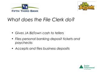 What does the File Clerk do?

 • Gives JA BizTown cash to tellers
 • Files personal banking deposit tickets and
   paychecks
 • Accepts and files business deposits
 