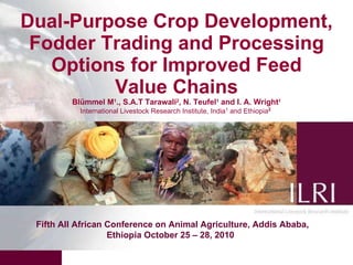 Dual-Purpose Crop Development, Fodder Trading and Processing Options for Improved Feed Value Chains Blümmel M 1 ., S.A.T Tarawali 2 , N. Teufel 1  and I. A. Wright 1 International Livestock Research Institute, India 1  and Ethiopia 2   Fifth All African Conference on Animal Agriculture, Addis Ababa,  Ethiopia October 25 – 28, 2010  