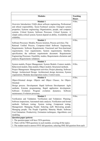 Modules Teaching
Hours
Module 1
Overview Introduction: FAQ's about software engineering, Professional
and ethical responsibility. Socio-Technical systems: Emergent system
properties; Systems engineering; Organizations, people, and computer
systems. Critical System, Software Processes: Critical Systems: A
simple safety-critical system; System depend on ability; Availability and
reliability.
9 Hrs.
Module 2
Software Processes: Models, Process iteration, Process activities; The
Rational Unified Process; Computer-Aided Software Engineering.
Requirements: Software Requirements: Functional and Non-functional
requirements; User requirements; System requirements; Interface
specification; the software requirements document. Requirements
Engineering Processes: Feasibility studies; Requirements elicitation and
analysis; Requirements validation.
8 Hrs.
Module 3
System models, Project Management: System Models: Context models;
Behavioral models; Data models; Object models; Structured methods.
Project Management: Management activities; Project planning. Software
Design: Architectural Design: Architectural design decisions; System
organization; Modular decomposition styles; Control styles.
8 Hrs.
Module 4
Object-Oriented design: Objects and Object Classes; An Object-
Oriented
Design process. Development: Rapid Software Development: Agile
methods; Extreme programming; Rapid application development.
Software Evolution: Program evolution dynamics; Software
maintenance; Evolution processes.
8 Hrs.
Module 5
Verification and Validation: Verification and Validation: Planning:
Software inspections; Automated static analysis; Verification and formal
methods. Software testing: System testing; Component testing.
Management: Managing People: Selecting staff; Motivating people;
Managing people; The People Capability Maturity Model. Software
Cost Estimation: Productivity; Estimation techniques; Algorithmic cost
modeling.
9 Hrs.
Question paper pattern:
1. The question paper will have TEN questions.
2. There will be TWO questions in each module, covering all the topics.
3. The student need to answer FIVE full questions, selecting ONE full question from each
 