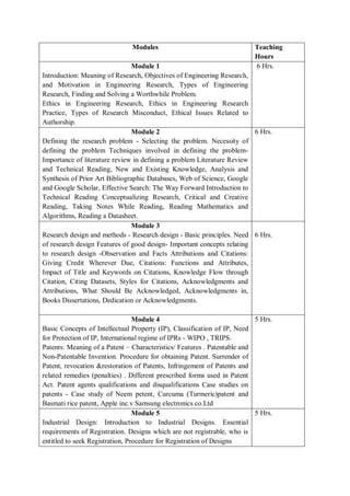 Modules Teaching
Hours
Module 1
Introduction: Meaning of Research, Objectives of Engineering Research,
and Motivation in Engineering Research, Types of Engineering
Research, Finding and Solving a Worthwhile Problem.
Ethics in Engineering Research, Ethics in Engineering Research
Practice, Types of Research Misconduct, Ethical Issues Related to
Authorship.
6 Hrs.
Module 2
Defining the research problem - Selecting the problem. Necessity of
defining the problem Techniques involved in defining the problem-
Importance of literature review in defining a problem Literature Review
and Technical Reading, New and Existing Knowledge, Analysis and
Synthesis of Prior Art Bibliographic Databases, Web of Science, Google
and Google Scholar, Effective Search: The Way Forward Introduction to
Technical Reading Conceptualizing Research, Critical and Creative
Reading, Taking Notes While Reading, Reading Mathematics and
Algorithms, Reading a Datasheet.
6 Hrs.
Module 3
Research design and methods - Research design - Basic principles. Need
of research design Features of good design- Important concepts relating
to research design -Observation and Facts Attributions and Citations:
Giving Credit Wherever Due, Citations: Functions and Attributes,
Impact of Title and Keywords on Citations, Knowledge Flow through
Citation, Citing Datasets, Styles for Citations, Acknowledgments and
Attributions, What Should Be Acknowledged, Acknowledgments in,
Books Dissertations, Dedication or Acknowledgments.
6 Hrs.
Module 4
Basic Concepts of Intellectual Property (IP), Classification of IP, Need
for Protection of IP, International regime of IPRs - WIPO , TRIPS.
Patents: Meaning of a Patent – Characteristics/ Features . Patentable and
Non-Patentable Invention. Procedure for obtaining Patent. Surrender of
Patent, revocation &restoration of Patents, Infringement of Patents and
related remedies (penalties) . Different prescribed forms used in Patent
Act. Patent agents qualifications and disqualifications Case studies on
patents - Case study of Neem petent, Curcuma (Turmeric)patent and
Basmati rice patent, Apple inc.v Samsung electronics co.Ltd
5 Hrs.
Module 5
Industrial Design: Introduction to Industrial Designs. Essential
requirements of Registration. Designs which are not registrable, who is
entitled to seek Registration, Procedure for Registration of Designs
5 Hrs.
 