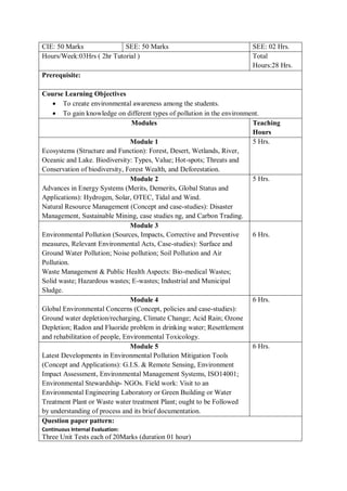 CIE: 50 Marks SEE: 50 Marks SEE: 02 Hrs.
Hours/Week:03Hrs ( 2hr Tutorial ) Total
Hours:28 Hrs.
Prerequisite:
Course Learning Objectives
 To create environmental awareness among the students.
 To gain knowledge on different types of pollution in the environment.
Modules Teaching
Hours
Module 1
Ecosystems (Structure and Function): Forest, Desert, Wetlands, River,
Oceanic and Lake. Biodiversity: Types, Value; Hot-spots; Threats and
Conservation of biodiversity, Forest Wealth, and Deforestation.
5 Hrs.
Module 2
Advances in Energy Systems (Merits, Demerits, Global Status and
Applications): Hydrogen, Solar, OTEC, Tidal and Wind.
Natural Resource Management (Concept and case-studies): Disaster
Management, Sustainable Mining, case studies ng, and Carbon Trading.
5 Hrs.
Module 3
Environmental Pollution (Sources, Impacts, Corrective and Preventive
measures, Relevant Environmental Acts, Case-studies): Surface and
Ground Water Pollution; Noise pollution; Soil Pollution and Air
Pollution.
Waste Management & Public Health Aspects: Bio-medical Wastes;
Solid waste; Hazardous wastes; E-wastes; Industrial and Municipal
Sludge.
6 Hrs.
Module 4
Global Environmental Concerns (Concept, policies and case-studies):
Ground water depletion/recharging, Climate Change; Acid Rain; Ozone
Depletion; Radon and Fluoride problem in drinking water; Resettlement
and rehabilitation of people, Environmental Toxicology.
6 Hrs.
Module 5
Latest Developments in Environmental Pollution Mitigation Tools
(Concept and Applications): G.I.S. & Remote Sensing, Environment
Impact Assessment, Environmental Management Systems, ISO14001;
Environmental Stewardship- NGOs. Field work: Visit to an
Environmental Engineering Laboratory or Green Building or Water
Treatment Plant or Waste water treatment Plant; ought to be Followed
by understanding of process and its brief documentation.
6 Hrs.
Question paper pattern:
Continuous Internal Evaluation:
Three Unit Tests each of 20Marks (duration 01 hour)
 