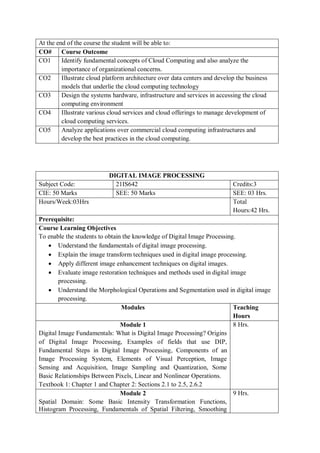 At the end of the course the student will be able to:
CO# Course Outcome
CO1 Identify fundamental concepts of Cloud Computing and also analyze the
importance of organizational concerns.
CO2 Illustrate cloud platform architecture over data centers and develop the business
models that underlie the cloud computing technology
CO3 Design the systems hardware, infrastructure and services in accessing the cloud
computing environment
CO4 Illustrate various cloud services and cloud offerings to manage development of
cloud computing services.
CO5 Analyze applications over commercial cloud computing infrastructures and
develop the best practices in the cloud computing.
DIGITAL IMAGE PROCESSING
Subject Code: 21IS642 Credits:3
CIE: 50 Marks SEE: 50 Marks SEE: 03 Hrs.
Hours/Week:03Hrs Total
Hours:42 Hrs.
Prerequisite:
Course Learning Objectives
To enable the students to obtain the knowledge of Digital Image Processing.
 Understand the fundamentals of digital image processing.
 Explain the image transform techniques used in digital image processing.
 Apply different image enhancement techniques on digital images.
 Evaluate image restoration techniques and methods used in digital image
processing.
 Understand the Morphological Operations and Segmentation used in digital image
processing.
Modules Teaching
Hours
Module 1
Digital Image Fundamentals: What is Digital Image Processing? Origins
of Digital Image Processing, Examples of fields that use DIP,
Fundamental Steps in Digital Image Processing, Components of an
Image Processing System, Elements of Visual Perception, Image
Sensing and Acquisition, Image Sampling and Quantization, Some
Basic Relationships Between Pixels, Linear and Nonlinear Operations.
Textbook 1: Chapter 1 and Chapter 2: Sections 2.1 to 2.5, 2.6.2
8 Hrs.
Module 2
Spatial Domain: Some Basic Intensity Transformation Functions,
Histogram Processing, Fundamentals of Spatial Filtering, Smoothing
9 Hrs.
 