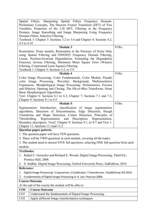 Spatial Filters, Sharpening Spatial Filters Frequency Domain:
Preliminary Concepts, The Discrete Fourier Transform (DFT) of Two
Variables, Properties of the 2-D DFT, Filtering in the Frequency
Domain, Image Smoothing and Image Sharpening Using Frequency
Domain Filters, Selective Filtering.
Textbook 1: Chapter 3: Sections 3.2 to 3.6 and Chapter 4: Sections 4.2,
4.5 to 4.10
Module 3
Restoration: Noise models, Restoration in the Presence of Noise Only
using Spatial Filtering and 03092022 Frequency Domain Filtering,
Linear, Position-Invariant Degradations, Estimating the Degradation
Function, Inverse Filtering, Minimum Mean Square Error (Wiener)
Filtering, Constrained Least Squares Filtering.
Textbook 1: Chapter 5: Sections 5.2, to 5.9
8 Hrs.
Module 4
Color Image Processing: Color Fundamentals, Color Models, Pseudo
color Image Processing. Wavelets: Background, Multiresolution
Expansions. Morphological Image Processing: Preliminaries, Erosion
and Dilation, Opening and Closing, The Hit-or-Miss Transforms, Some
Basic Morphological Algorithms.
Text: Chapter 6: Sections 6.1 to 6.3, Chapter 7: Sections 7.1 and 7.2,
Chapter 9: Sections 9.1 to 9.5
9 Hrs.
Module 5
Segmentation: Introduction, classification of image segmentation
algorithms, Detection of Discontinuities, Edge Detection, Hough
Transforms and Shape Detection, Corner Detection, Principles of
Thresholding. Representation and Description: Representation,
Boundary descriptors. Text2: Chapter 9: Sections 9.1, to 9.7 and Text 1:
Chapter 11: Sections 11.1and 11.2
8 Hrs.
Question paper pattern:
1. The question paper will have TEN questions.
2. There will be TWO questions in each module, covering all the topics.
3. The student need to answer FIVE full questions, selecting ONE full question from each
module.
Textbooks:
1. Rafael C. Gonzalez and Richard E. Woods, Digital Image Processing, Third Ed.,
Prentice Hall, 2008.
2. S. Sridhar, Digital Image Processing, Oxford University Press, 2ndEdition, 2016
Reference:
1. Digital Image Processing- S.Jayaraman, S.Esakkirajan, T.Veerakumar, TataMcGraw Hill 2014.
2. Fundamentals of Digital Image Processing-A. K. Jain, Pearson 2004.
Course Outcome
At the end of the course the student will be able to:
CO# Course Outcome
CO1 Understand the fundamentals of Digital Image Processing.
CO2 Apply different Image transformation techniques.
 