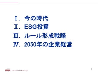 Ⅰ. 今の時代
Ⅱ. ESG投資
Ⅲ. ルール形成戦略
Ⅳ. 2050年の企業経営
5
 