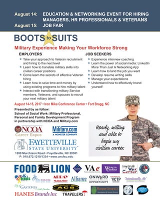 BOOTS SUITSto
August 14: 	 EDUCATION & NETWORKING EVENT FOR HIRING 	
		 MANAGERS, HR PROFESSIONALS & VETERANS
August 15: 	 JOB FAIR
Military Experience Making Your Workforce Strong
August 14-15, 2017 • Iron Mike Conference Center • Fort Bragg, NC
Presented by as follow:
School of Social Work: Military Professional,
Personal and Family Development Program
in partnership with NCOA and Military.com
 Take your approach to Veteran recruitment 		
	 and hiring to the next level
 Learn how to translate military skills into 		
	 civilian career positions
 Come learn the secrets of effective Veteran 		
	hiring
	Learn how to save time and money by 		
	 using existing programs to hire military talent
 Interact with transitioning military Service
	 members, Veterans, and spouses to recruit 		
	 your next military talent
 Experience interview coaching
 Learn the power of social media: LinkedIn 	
	 More Than Just A Networking App
 Learn how to land the job you want
 Develop resume writing skills
 Manage your expectations
 Understand how to effectively brand
	yourself
EMPLOYERS JOB SEEKERS
1200 Murchison Road • Fayetteville, NC 28301
P: 910.672.1210/1334 • www.uncfsu.edu
Ready, willing
and able to
begin my
civilian career.
 