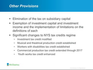 © 2012 McGladrey LLP. All Rights Reserved.© 2014 McGladrey LLP. All Rights Reserved.
Other Provisions
 Elimination of the tax on subsidiary capital
 Exemption of investment capital and investment
income and the implementation of limitations on the
definitions of each
 Significant changes to NYS tax credits regime
- Investment tax credit modified
- Musical and theatrical production credit established
- Workers with disabilities tax credit established
- Commercial production tax credit extended through 2017
- Youth works tax credit enhanced
 